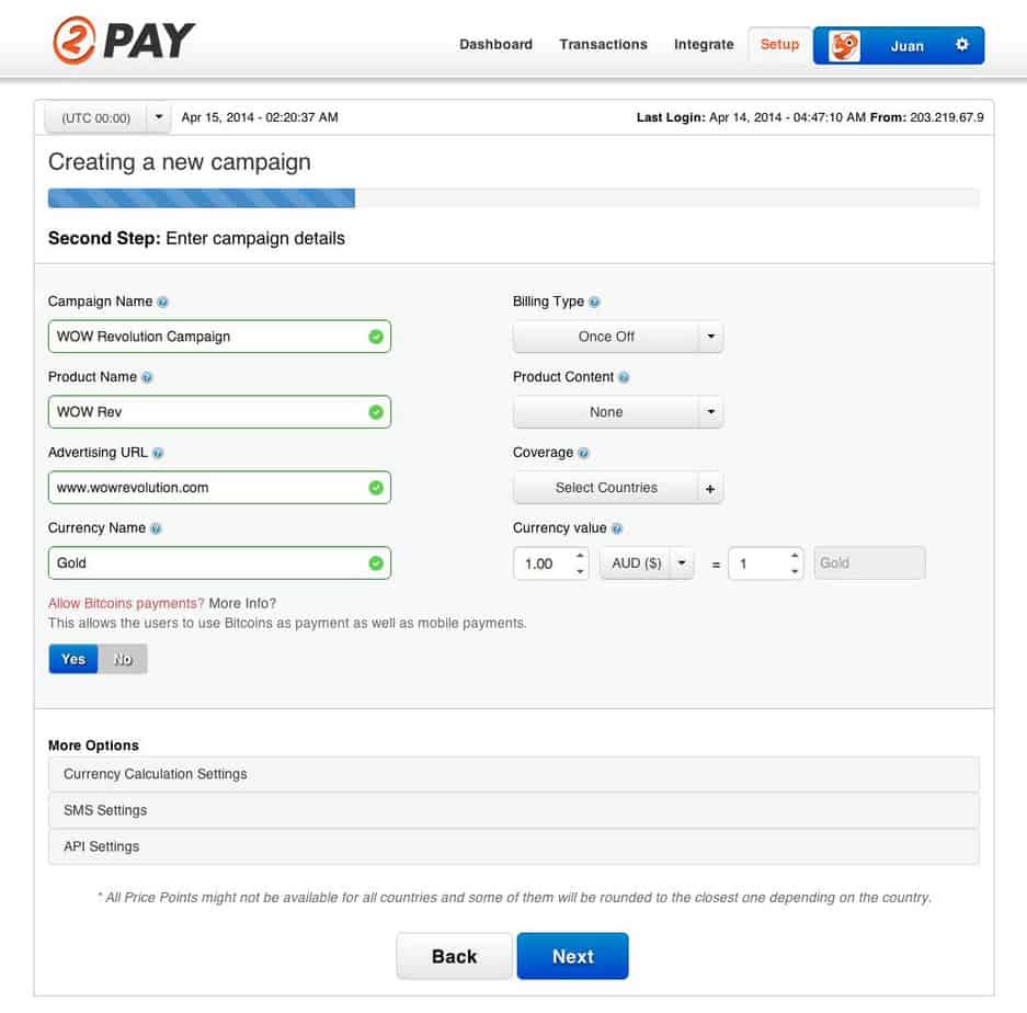 2Pay Setup Screen