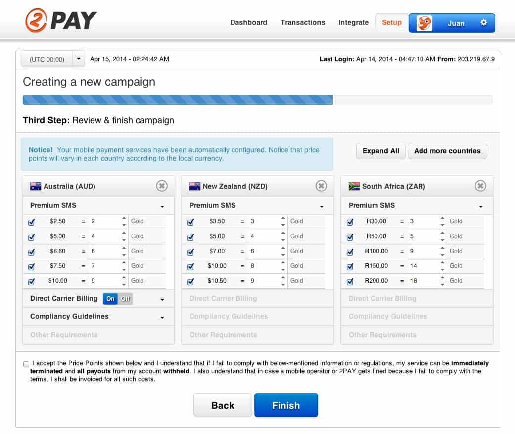 2Pay Setup Screen