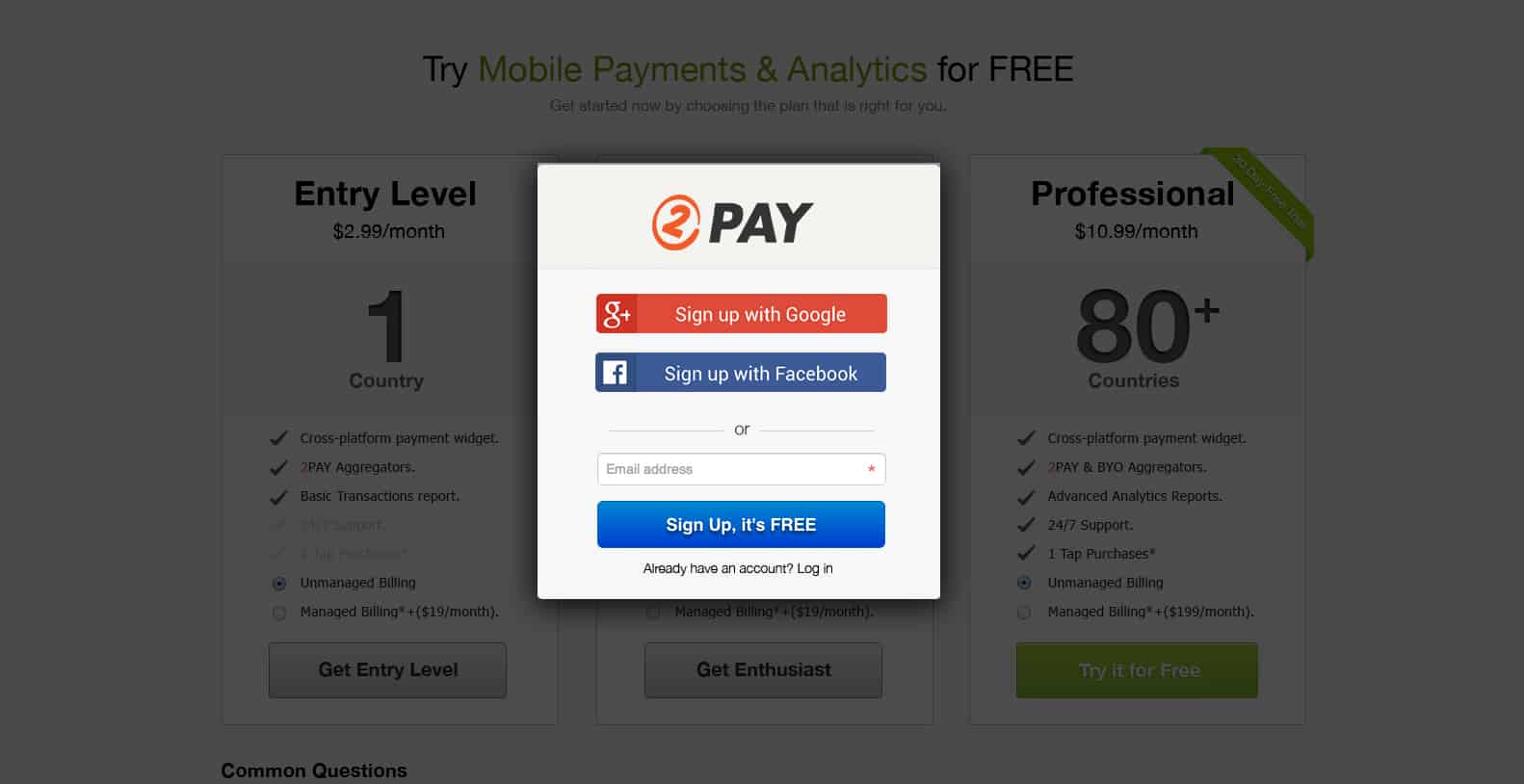 2Pay Signup Screen