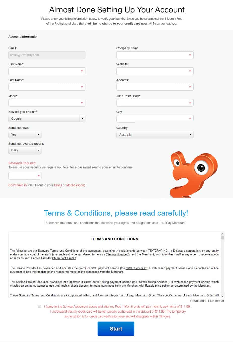 2Pay Sign Up Payment Screen