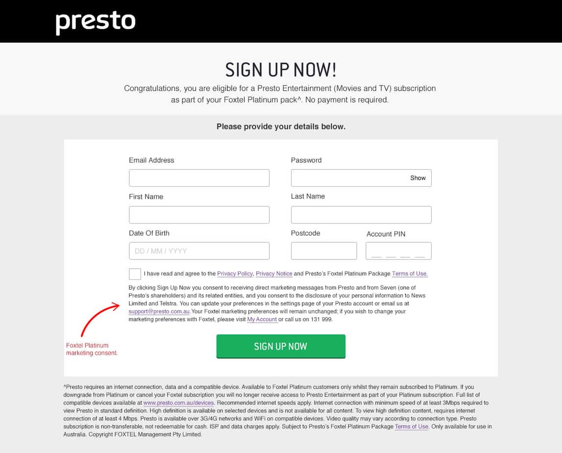 Presto Sign Up Screen