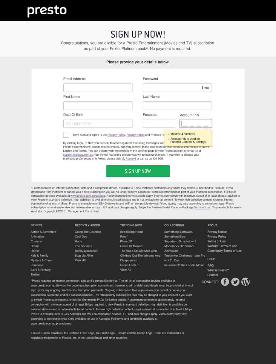 Presto Signup Tooltip